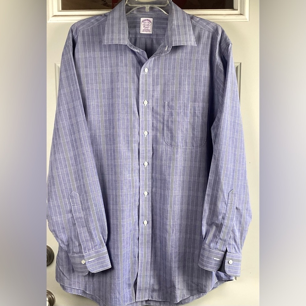 Brooks Brothers Mens Dress Shirt 16.5 34 Classic Plaid Purple Supima Cotton - Picture 2 of 8